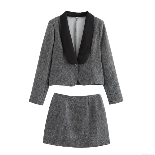 Women Elegant Herringbone Tweed Suit Set Contrast Shawl Lapel Slim Fit Blazer And Mini A-Line Skirt 2-Piece Set Professional Office Workwear Outfit