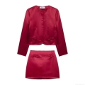 Elegant Women's Satin Skirt Set Bow Knot Decor Long Sleeve Round Neck Jacket And Mini A-Line Skirt Two Piece Suit For Christmas Party Wedding Dating Sweet 100% Polyester Outfits