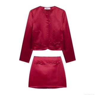 Elegant Women's Satin Skirt Set Bow Knot Decor Long Sleeve Round Neck Jacket And Mini A-Line Skirt Two Piece Suit For Christmas Party Wedding Dating Sweet 100% Polyester Outfits