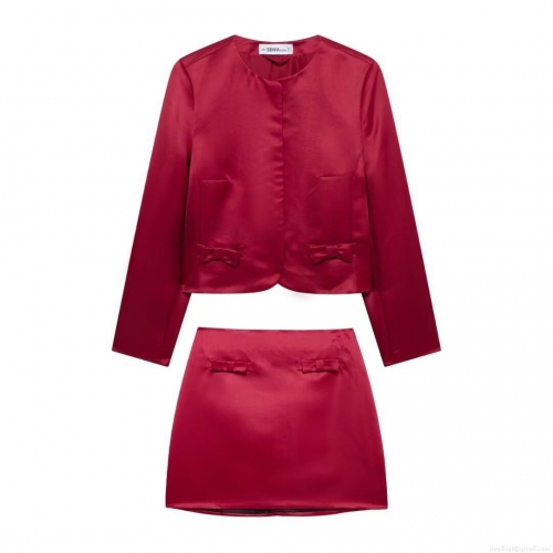 Elegant Women's Satin Skirt Set Bow Knot Decor Long Sleeve Round Neck Jacket And Mini A-Line Skirt Two Piece Suit For Christmas Party Wedding Dating Sweet 100% Polyester Outfits