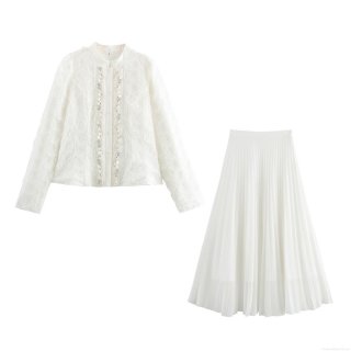 Elegant White 2 Piece Skirt Set 3D Rose Flower Textured Beaded Jacket And High Waist Pleated Maxi Skirt For Women Socialite Party Wedding Vintage Style