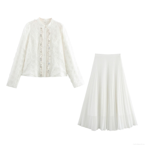 Elegant White 2 Piece Skirt Set 3D Rose Flower Textured Beaded Jacket And High Waist Pleated Maxi Skirt For Women Socialite Party Wedding Vintage Style