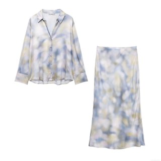 Women's Elegant Satin Tie-Dye Shirt and Skirt Set 100% Polyester Long Sleeve Button Down Blouse and A-Line Maxi Skirt 2-Piece Outfit for Party Commute