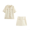 Women's Elegant Tweed Two-Piece Set Short Sleeve Jacket And A-Line Mini Skirt With Gold Buttons Fringe Trim Little Fragrance Style Summer Casual Banquet Outfit For Women