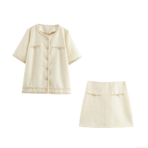 Women's Elegant Tweed Two-Piece Set Short Sleeve Jacket And A-Line Mini Skirt With Gold Buttons Fringe Trim Little Fragrance Style Summer Casual Banquet Outfit For Women
