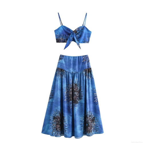Women's Two Piece Vacation Set Polyester Abstract Print Cropped Cami Tie Top and High Waist A-Line Maxi Skirt Summer Beach Party Outfit
