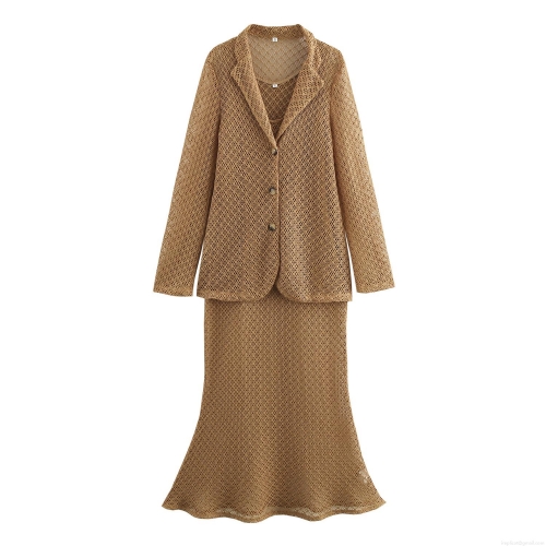 Women's 2 Piece Skirt Set Elegant Hollow Out Mesh Knit Blazer and Fishtail Maxi Dress Solid Color Beach Resort Holiday Party Suit