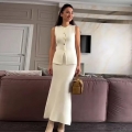 Elegant French Style Knitted Two Piece Skirt Set Women Sleeveless Button Front Vest Top and High Waist Bodycon Maxi Skirt Suit Summer Commute