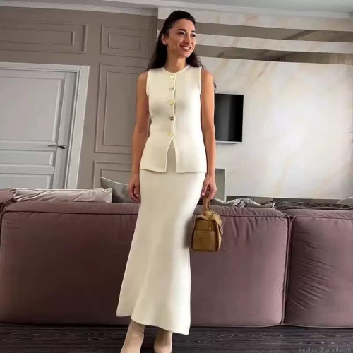 Elegant French Style Knitted Two Piece Skirt Set Women Sleeveless Button Front Vest Top and High Waist Bodycon Maxi Skirt Suit Summer Commute