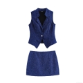 Women's Tweed Two Piece Skirt Set V Neck Sleeveless Button Vest Top And Bodycon Mini Skirt Suit For Office Lady Elegant Work Party