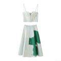 Women's Sexy Striped Skirt Set Spaghetti Strap Crop Top And A-Line Midi Skirt With Green Graffiti Print For Summer Vacation Beach Artistic Two Piece Outfit