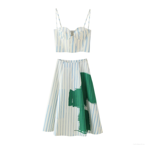 Women's Sexy Striped Skirt Set Spaghetti Strap Crop Top And A-Line Midi Skirt With Green Graffiti Print For Summer Vacation Beach Artistic Two Piece Outfit
