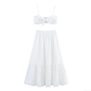 Elegant French Women Two-Piece Set Hollow Out Embroidery Crop Cami Top And Tiered Maxi Skirt White Resort Sexy Vacation Outfit Summer Clothing