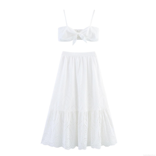 Elegant French Women Two-Piece Set Hollow Out Embroidery Crop Cami Top And Tiered Maxi Skirt White Resort Sexy Vacation Outfit Summer Clothing