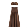Women's Two-Piece Set 3D Flower Tube Top And High Waisted Smocked A-Line Maxi Skirt Set Sexy Vacation Style Solid Coffee Polyester Outfits