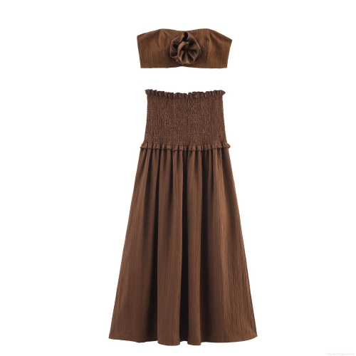 Women's Two-Piece Set 3D Flower Tube Top And High Waisted Smocked A-Line Maxi Skirt Set Sexy Vacation Style Solid Coffee Polyester Outfits