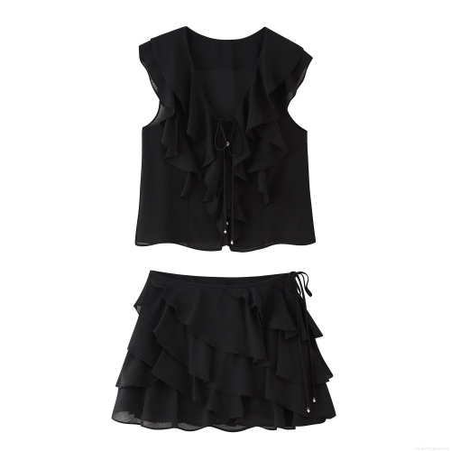 Women's Bohemian Two Piece Set Ruffle Layered Mini Skirt And Sleeveless V-Neck Top With Drawstring Metal Beads Sexy Summer Outfit Linen Polyester Blend Solid Black