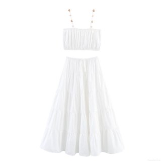 Women Sexy White Two Piece Skirt Set Sleeveless Crop Cami Top And Tiered Maxi Skirt With Gold Shell Starfish Charms Resort Beach Party Outfits