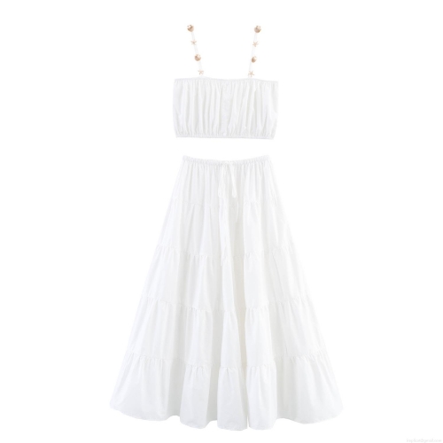 Women Sexy White Two Piece Skirt Set Sleeveless Crop Cami Top And Tiered Maxi Skirt With Gold Shell Starfish Charms Resort Beach Party Outfits