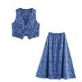 Women's 2 Piece Set Denim Style Polyester Jacquard Sleeveless V Neck Vest Top And High Waist A-Line Long Skirt Leaf Pattern Streetwear Outfits Summer
