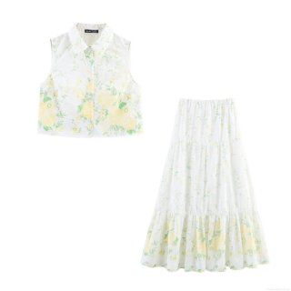 Women Summer Two Piece Set Sleeveless Eyelet Embroidery Lapel Shirt and Tiered Floral Maxi Skirt Vacation Style White Cotton Blend Outfit