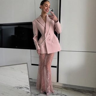 Women's 2-Piece Suit Jacket And Lace Skirt Set Double Breasted Blazer Transparent Floral Maxi Skirt For Party Banquet Wedding Evening Elegant Outfits