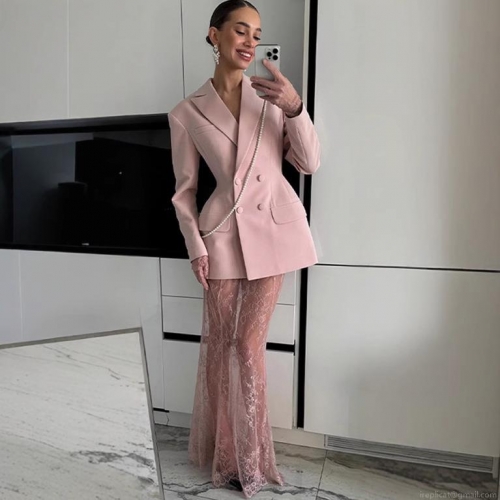 Women's 2-Piece Suit Jacket And Lace Skirt Set Double Breasted Blazer Transparent Floral Maxi Skirt For Party Banquet Wedding Evening Elegant Outfits