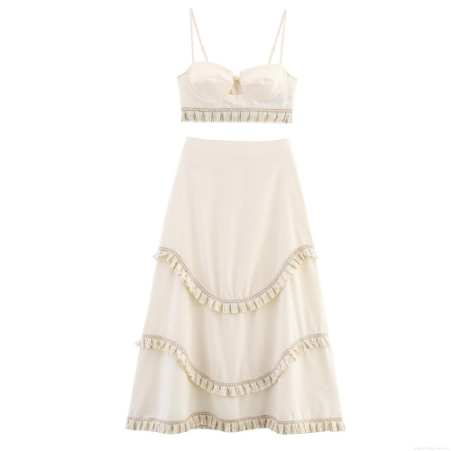 Women's Bohemian Two Piece Set Tassel Cami Crop Top and Tiered Ruffle Long Skirt Summer Beach Vacation Sexy Boho Chic Polyester Outfits