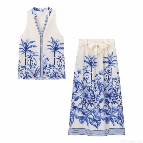 Women's Summer Resort Two Piece Set Sleeveless V Neck Button Up Top And High Waist Bow Tie Long Skirt Tropical Palm Tree Print Bohemian Beach Outfit