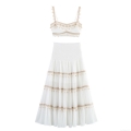 Bohemian White Two Piece Set Women Shell Tassel Crop Top And Tiered High Waist Maxi Skirt Set Vacation Beach Sexy Summer Party Outfits