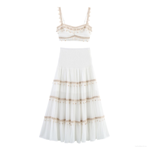Bohemian White Two Piece Set Women Shell Tassel Crop Top And Tiered High Waist Maxi Skirt Set Vacation Beach Sexy Summer Party Outfits