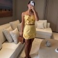 Women's Sexy 3D Flower Two Piece Set Spaghetti Strap Crop Top And Mini A-Line Skirt Lemon Yellow Summer Vacation Suit For Women
