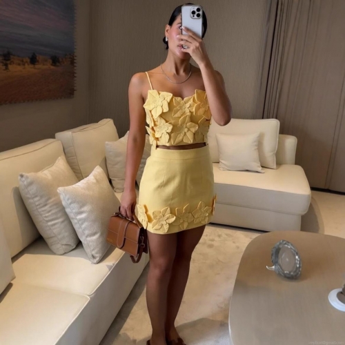 Women's Sexy 3D Flower Two Piece Set Spaghetti Strap Crop Top And Mini A-Line Skirt Lemon Yellow Summer Vacation Suit For Women