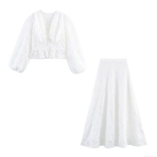 Women's Elegant White Lace Skirt Set French V-Neck Long Lantern Sleeve Top And Hollow Out A-Line Maxi Skirt Two Piece Outfits Retro Party Vacation Suit