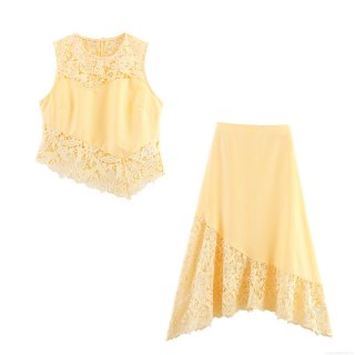 Women's Elegant 2 Piece Skirt Set Sleeveless Lace Patchwork Round Neck Top And High Waist Irregular Hem Maxi Skirt Yellow Summer Outfits