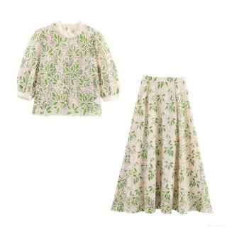 French Style Women's Two-Piece Set Hollow Crochet Lace Top and High Waist A-Line Long Skirt Green Leaf Embroidery Summer Vacation Outfit