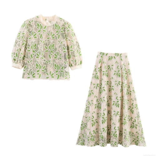 French Style Women's Two-Piece Set Hollow Crochet Lace Top and High Waist A-Line Long Skirt Green Leaf Embroidery Summer Vacation Outfit