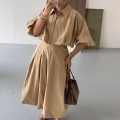 Women's Utility Style Two-Piece Set Zipper Front Lapel Short Sleeve Shirt And High Waist Pleated Maxi Skirt Casual Streetwear Outfits For Women