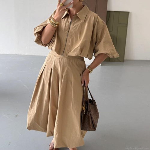 Women's Utility Style Two-Piece Set Zipper Front Lapel Short Sleeve Shirt And High Waist Pleated Maxi Skirt Casual Streetwear Outfits For Women