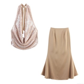 Sexy Women's Sequin Halter Cowl Neck Top And Satin Fishtail Long Skirt Two-Piece Set Champagne Backless Evening Party Banquet Outfits