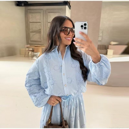 Elegant French Style Lace Embroidery 2 Piece Skirt Sets For Women Hollow Out Long Sleeve Shirt And High Waist Maxi Skirt Muslim Fashion Outfits