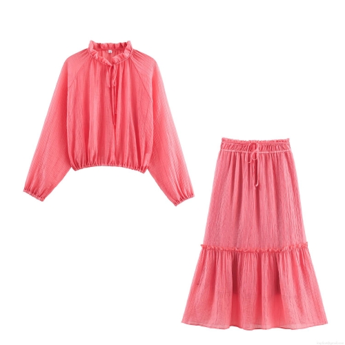 Women's Bohemian Pleated Shirt and Long Skirt Two-Piece Set Polyester Ruffle Tie-Front Long Sleeve Blouse and Tiered Cake Skirt Vacation Outfit