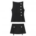 Women's Sexy Black Two Piece Outfit Rhinestone Button Sleeveless Vest Top And Bowknot Mini Skirt Set Summer Party Clubwear Suit