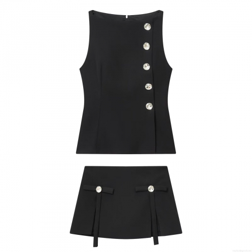 Women's Sexy Black Two Piece Outfit Rhinestone Button Sleeveless Vest Top And Bowknot Mini Skirt Set Summer Party Clubwear Suit