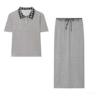 Women's Preppy Style Patchwork Knit 2 Piece Sets Plaid Polo Shirt and Side Split Skirt Sets With Rhinestone Buttons Office Daily Outfits