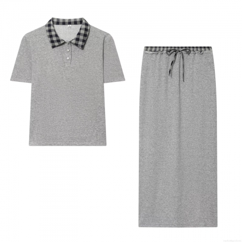 Women's Preppy Style Patchwork Knit 2 Piece Sets Plaid Polo Shirt and Side Split Skirt Sets With Rhinestone Buttons Office Daily Outfits