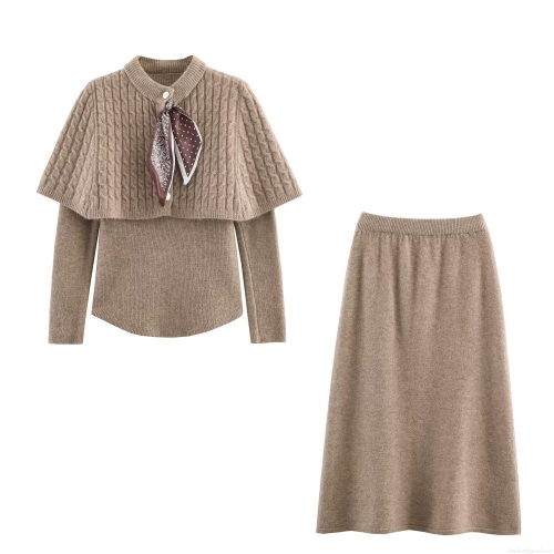 Women Elegant Knit Skirt Set Two Piece Outfits Cape Style Cable Knit Long Sleeve Sweater Top And Bodycon Midi Skirt With Scarf Decoration Gentle Vintage Style Fall Winter Warm Clothing