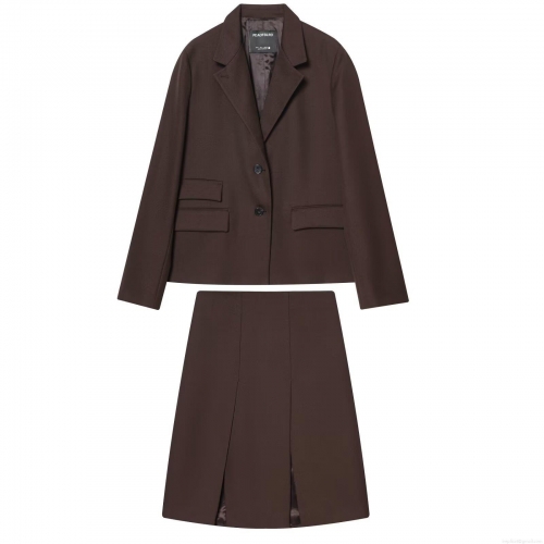 Women's Chic Dark Brown Double Breasted Blazer and High Waist Pleated Skirt Set Solid Color Polyester Blend Two-Piece Formal Streetwear Suit