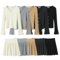 Women's Ribbed Knit 2-Piece Set Viscose Polyester Blend V-Neck Cardigan Trumpet Sleeve With Pleated Mini Skirt Chic European Street Style For Women Casual Soft Autumn Winter Outfit