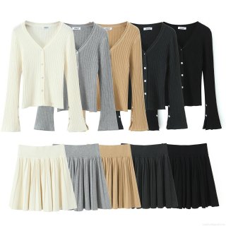 Women's Ribbed Knit 2-Piece Set Viscose Polyester Blend V-Neck Cardigan Trumpet Sleeve With Pleated Mini Skirt Chic European Street Style For Women Casual Soft Autumn Winter Outfit